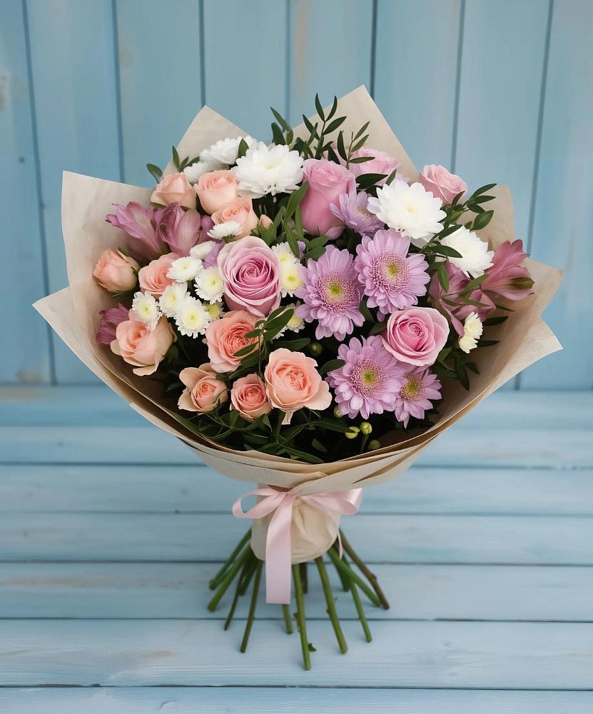 Букет цветов из: Хризантемы, Розы и Альстромерии в Ашукино
