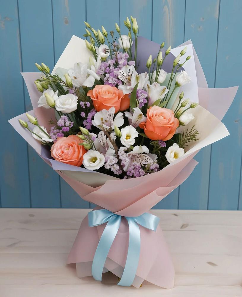 Букет цветов из: Лизиантусы, Розы, Альстромерии и Гипсофила в Ашукино