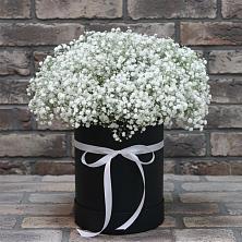 Цветочная композиция из Гипсофила в шляпной коробке в Ашукино