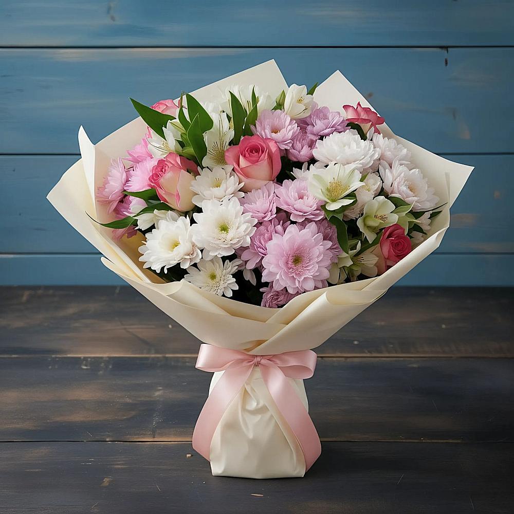 Букет цветов из: Хризантемы, Альстромерии и Розы в Ашукино